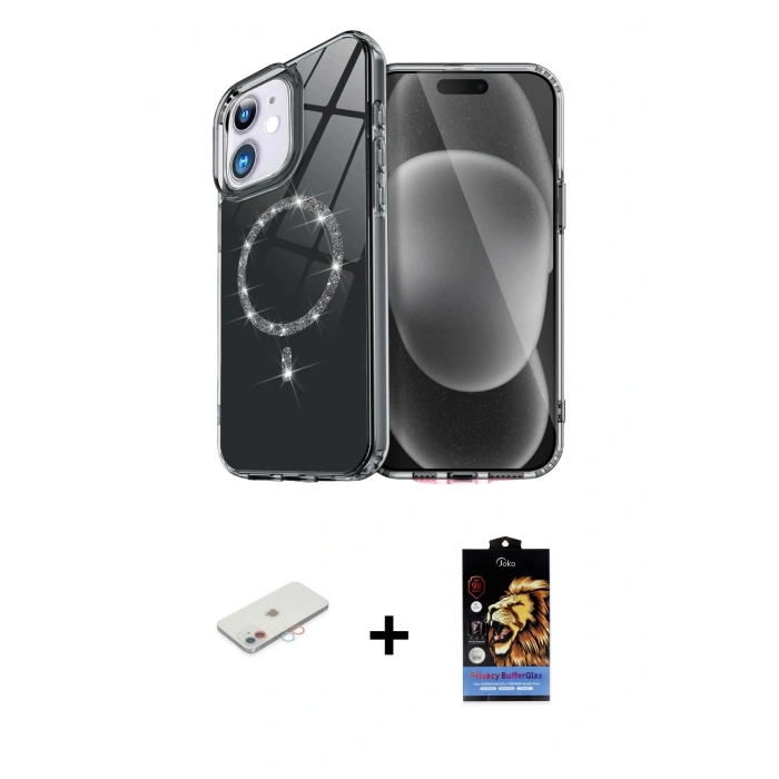 MARSİLYAN™- iPhone 11 Kılıf Kıvılcım Form Prime - Siyah Buffer Hayalet Cam Ekran Koruyucu + Renkli Kamera Lens Koruma Cam - PE