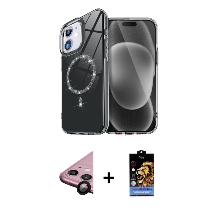 MARSİLYAN™- iPhone 11 Kılıf Kıvılcım Form Prime - Siyah Buffer Hayalet Cam Ekran Koruyucu + Raze Metal Kamera Lens - SH