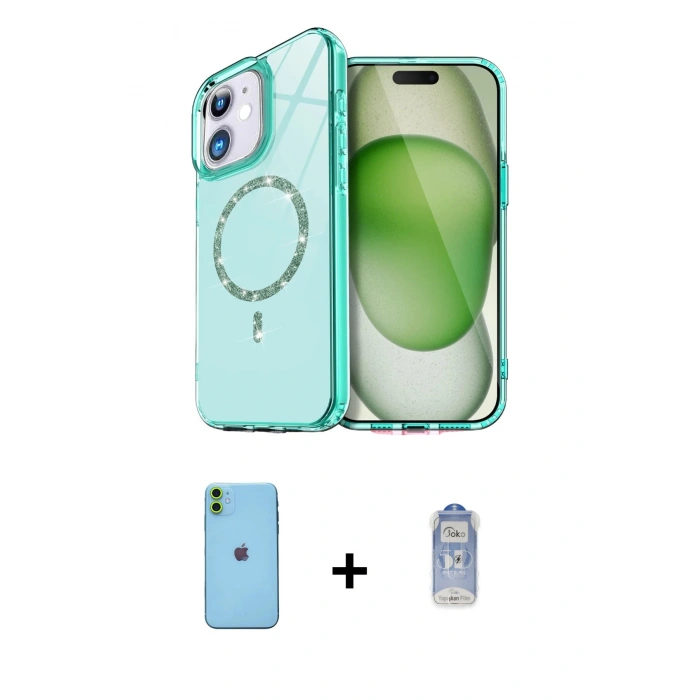 MARSİLYAN™- iPhone 11 Kılıf Kıvılcım Form Prime - Siyah Joko Magic 5D Cam + Yeşil Neon Fosforlu Kamera Lens