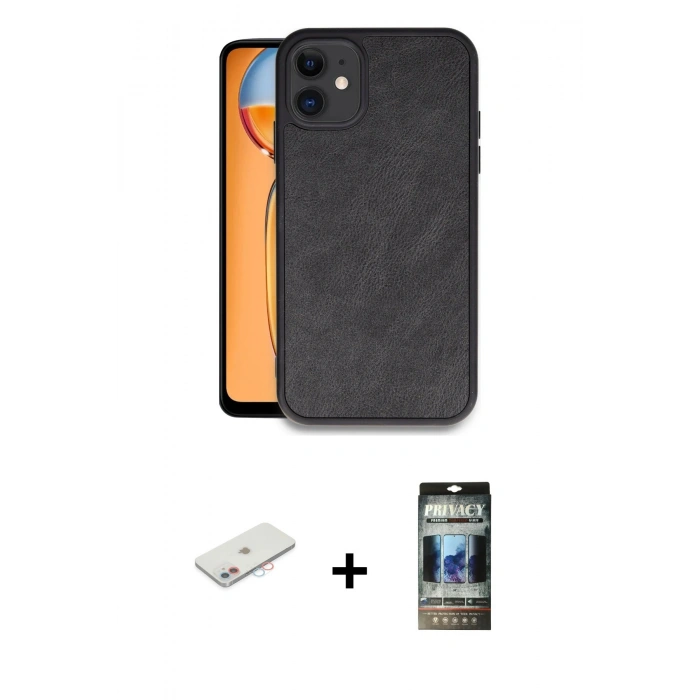 MARSİLYAN™- iPhone 11 Kılıf Kıvılcım Işık Serisi - Siyah 34D Hayalet Izgaralı Cam + Renkli Kamera Lens Koruma Cam - PE