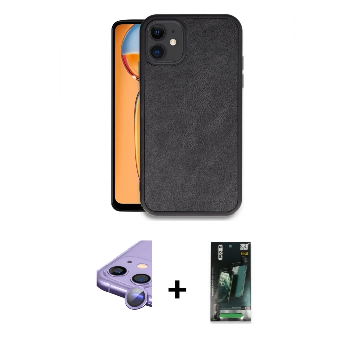 MARSİLYAN™- iPhone 11 Kılıf Kıvılcım Işık Serisi - Siyah 360 Mat Full Body Arka Koruyucu + Raze Metal Kamera Lens - MR
