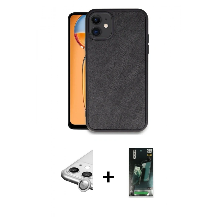 MARSİLYAN™- iPhone 11 Kılıf Kıvılcım Işık Serisi - Siyah 360 Mat Full Body Arka Koruyucu + Raze Metal Kamera Lens - GS