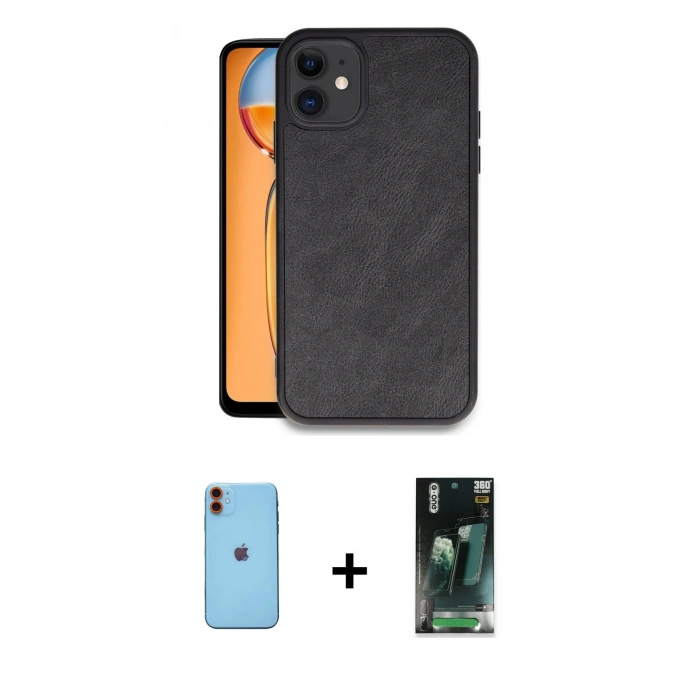 MARSİLYAN™- iPhone 11 Kılıf Kıvılcım Işık Serisi - Siyah 360 Mat Full Body Arka Koruyucu + Neon Fosforlu Kamera Lens - TU