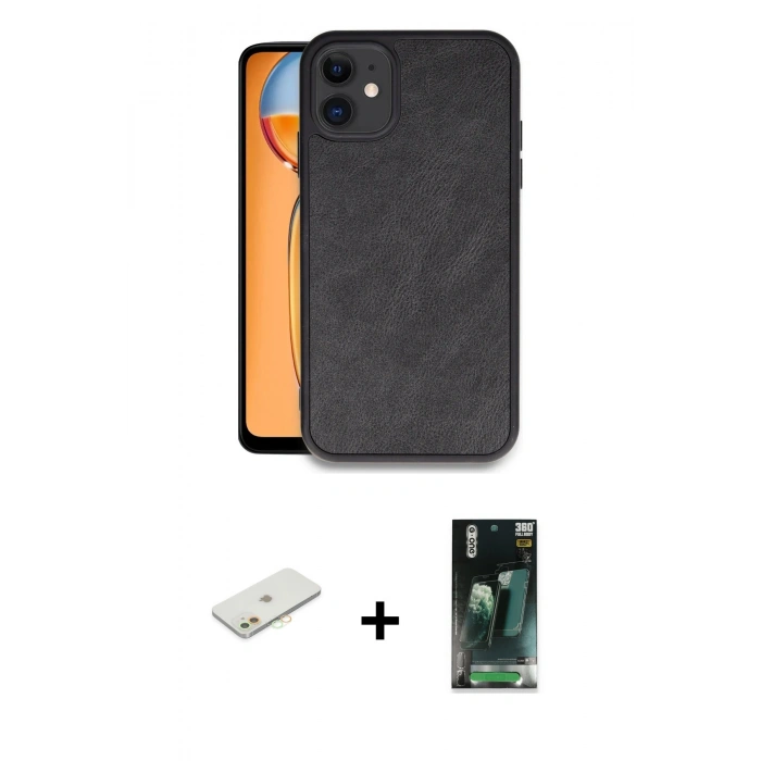 MARSİLYAN™- iPhone 11 Kılıf Kıvılcım Işık Serisi - Siyah 360 Mat Full Body Arka Koruyucu + Renkli Kamera Lens Koruma Cam - TU