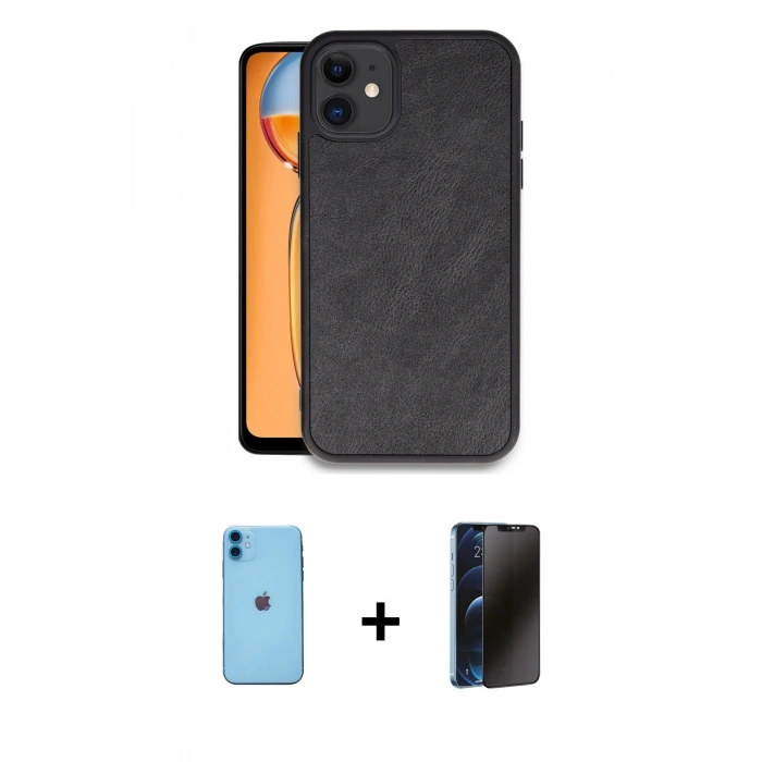 MARSİLYAN™- iPhone 11 Kılıf Kıvılcım Işık Serisi - Siyah 3D Antistatik Hayalet Cam Ekran Koruyucu + Neon Fosforlu Kamera Lens - MI