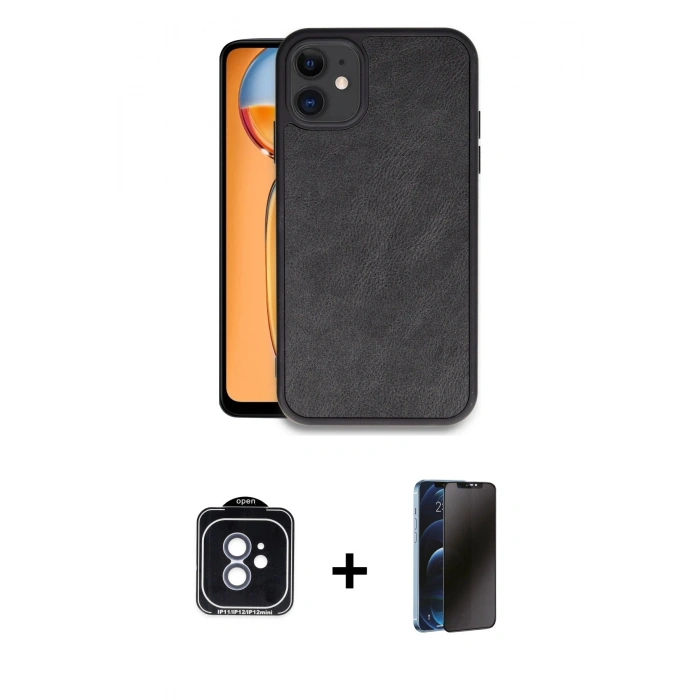 MARSİLYAN™- iPhone 11 Kılıf Kıvılcım Işık Serisi - Siyah 3D Antistatik Hayalet Cam Ekran Koruyucu + PVD Metal Kamera Lens - MI