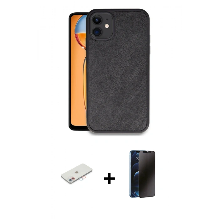 MARSİLYAN™- iPhone 11 Kılıf Kıvılcım Işık Serisi - Siyah 3D Antistatik Hayalet Cam Ekran Koruyucu + Renkli Kamera Lens Koruma Cam - PE