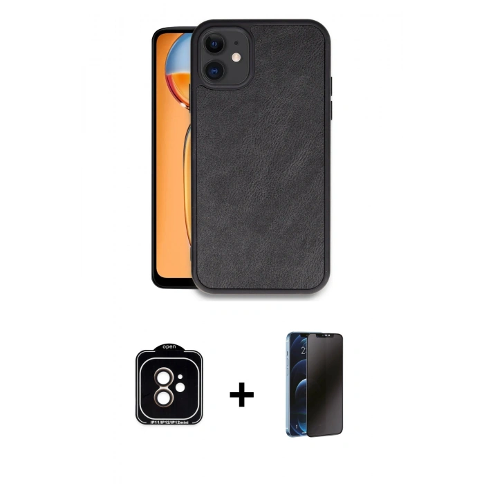 MARSİLYAN™- iPhone 11 Kılıf Kıvılcım Işık Serisi - Siyah 3D Antistatik Hayalet Cam Ekran Koruyucu + PVD Metal Kamera Lens - TU