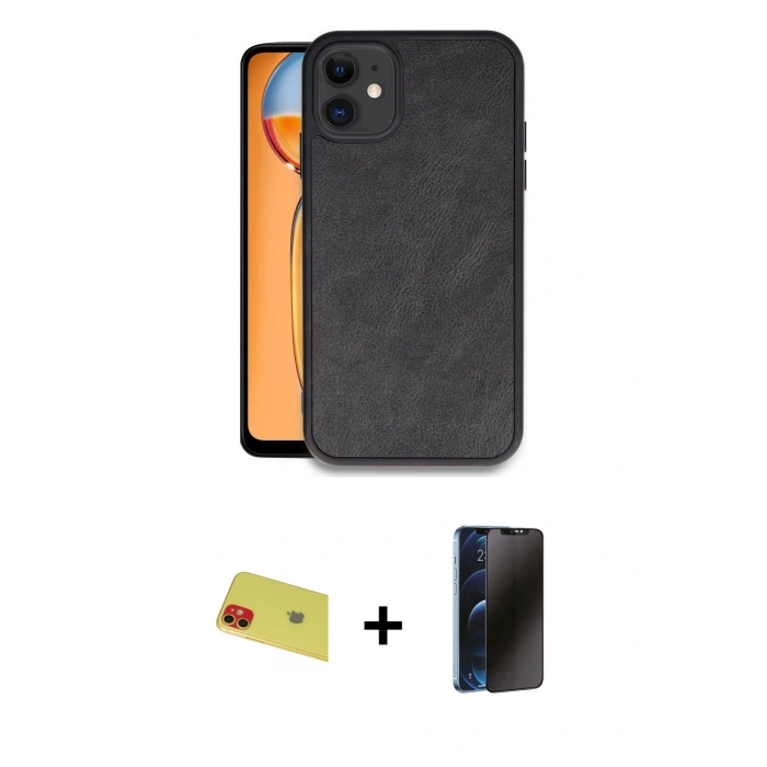 MARSİLYAN™- iPhone 11 Kılıf Kıvılcım Işık Serisi - Siyah 3D Antistatik Hayalet Cam Ekran Koruyucu + Rainbow Kamera Lens Koruma Cam - KI