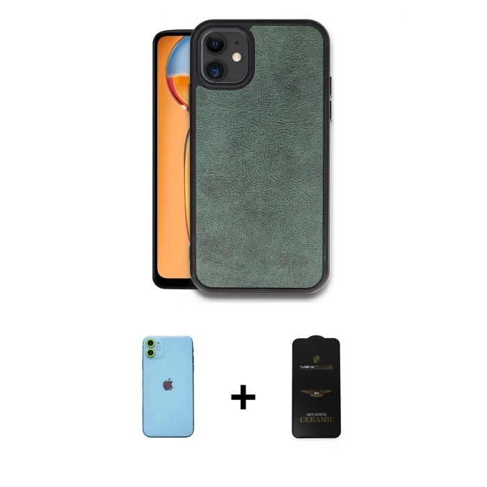 MARSİLYAN™- iPhone 11 Kılıf Kıvılcım Işık Serisi - Siyah 6D Antistatik Mat Seramik Hayalet Nano Ekran Koruyucu + Yeşil Neon Fosforlu Kamera Lens
