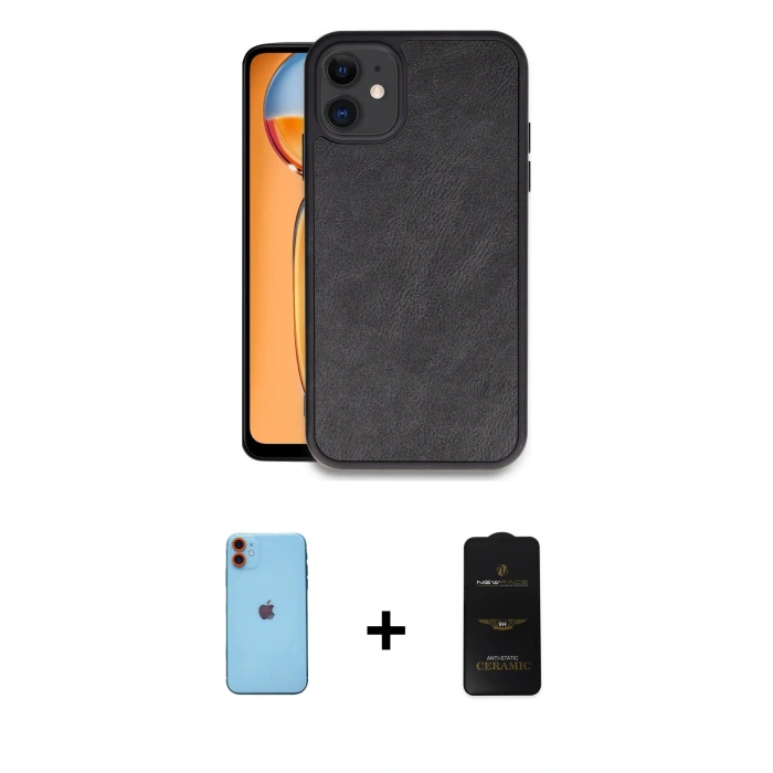 MARSİLYAN™- iPhone 11 Kılıf Kıvılcım Işık Serisi - Siyah 6D Antistatik Mat Seramik Hayalet Nano Ekran Koruyucu + Turuncu Neon Fosforlu Kamera Lens