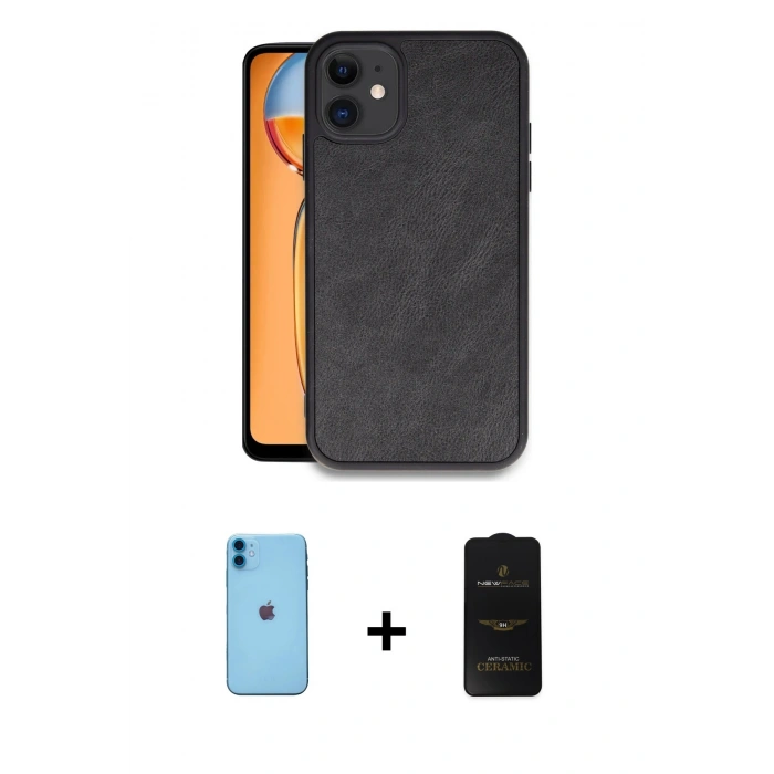 MARSİLYAN™- iPhone 11 Kılıf Kıvılcım Işık Serisi - Siyah 6D Antistatik Mat Seramik Hayalet Nano Ekran Koruyucu + Neon Fosforlu Kamera Lens - MI