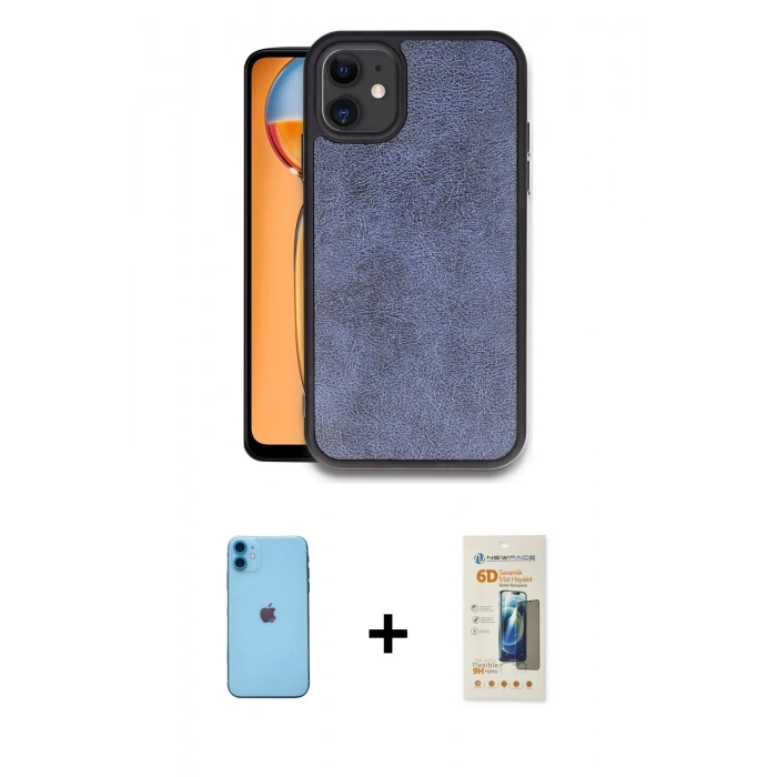 MARSİLYAN™- iPhone 11 Kılıf Kıvılcım Işık Serisi - Siyah 6D Mat Seramik Hayalet Nano Ekran Koruyucu + Mavi Neon Fosforlu Kamera Lens