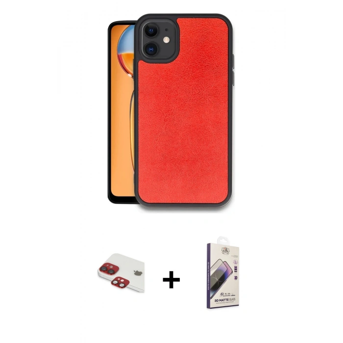 MARSİLYAN™- iPhone 11 Kılıf Kıvılcım Işık Serisi - Siyah Bilvis 3D Mat Cam Ekran Koruyucu + Kırmızı Pers Alüminyum Kamera Lens
