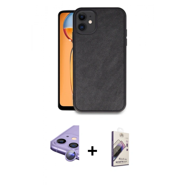 MARSİLYAN™- iPhone 11 Kılıf Kıvılcım Işık Serisi - Siyah Bilvis 3D Mat Cam Ekran Koruyucu + Raze Metal Kamera Lens - MR