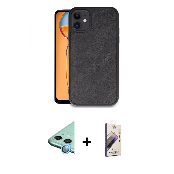 MARSİLYAN™- iPhone 11 Kılıf Kıvılcım Işık Serisi - Siyah Bilvis 3D Mat Cam Ekran Koruyucu + Raze Metal Kamera Lens - MI