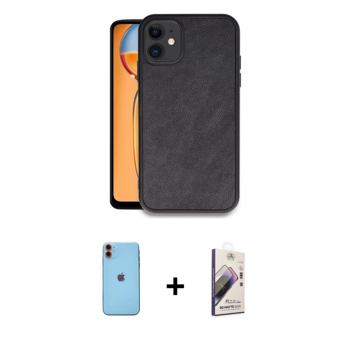 MARSİLYAN™- iPhone 11 Kılıf Kıvılcım Işık Serisi - Siyah Bilvis 3D Mat Cam Ekran Koruyucu + Neon Fosforlu Kamera Lens - TU