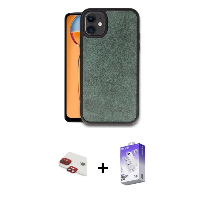 MARSİLYAN™- iPhone 11 Kılıf Kıvılcım Işık Serisi - Siyah Bilvis 5in1 3D Magic Cam Ekran Koruyucu + Kırmızı Pers Alüminyum Kamera Lens