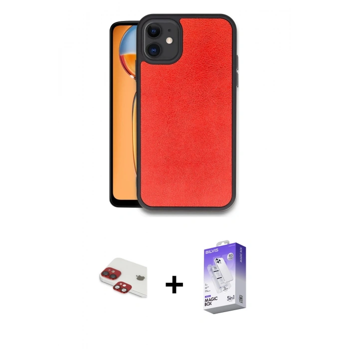 MARSİLYAN™- iPhone 11 Kılıf Kıvılcım Işık Serisi - Siyah Bilvis 5in1 3D Magic Cam Ekran Koruyucu + Kırmızı Pers Alüminyum Kamera Lens
