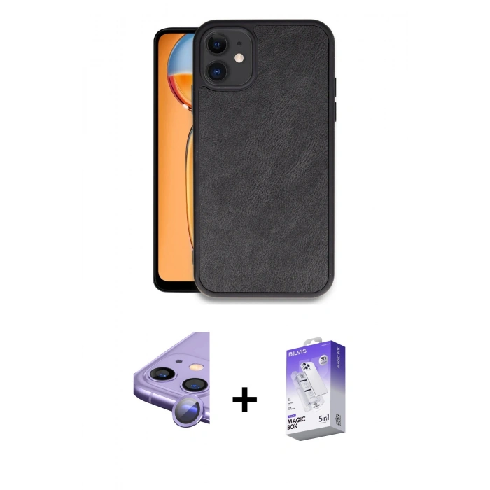 MARSİLYAN™- iPhone 11 Kılıf Kıvılcım Işık Serisi - Siyah Bilvis 5in1 3D Magic Cam Ekran Koruyucu + Raze Metal Kamera Lens - MR