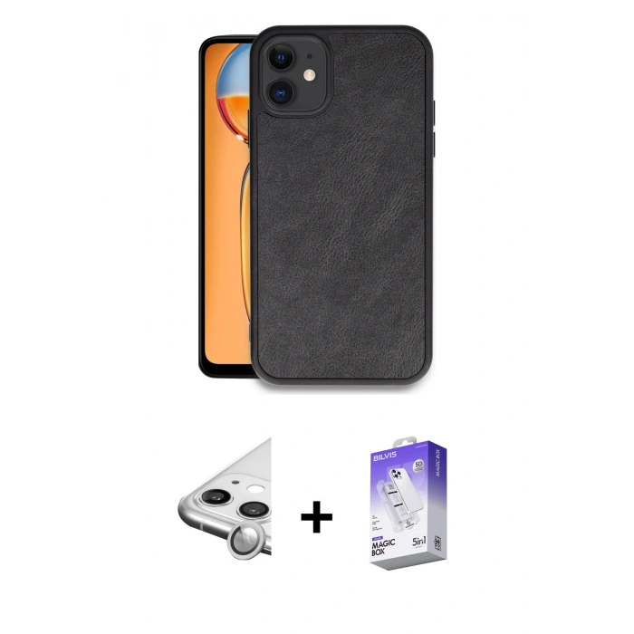 MARSİLYAN™- iPhone 11 Kılıf Kıvılcım Işık Serisi - Siyah Bilvis 5in1 3D Magic Cam Ekran Koruyucu + Raze Metal Kamera Lens - GS