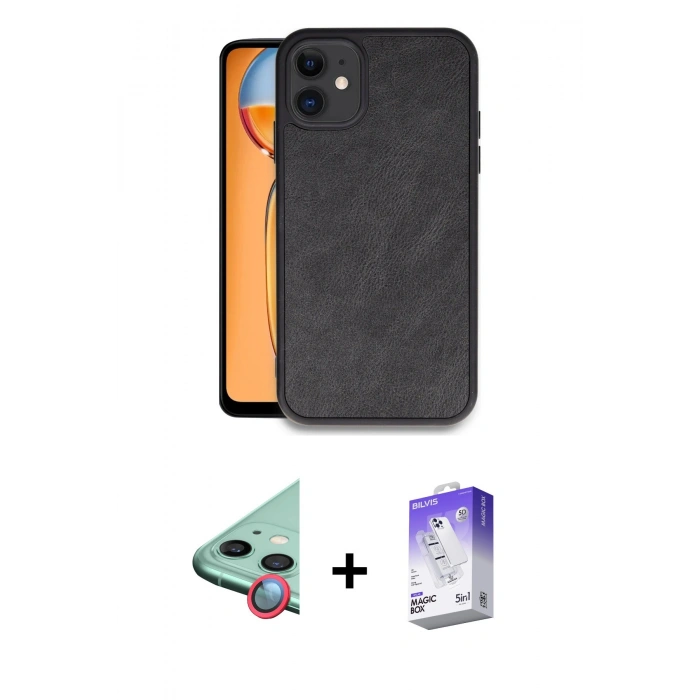 MARSİLYAN™- iPhone 11 Kılıf Kıvılcım Işık Serisi - Siyah Bilvis 5in1 3D Magic Cam Ekran Koruyucu + Raze Metal Kamera Lens - KI