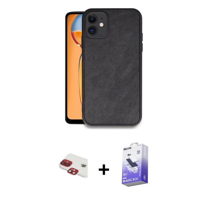 MARSİLYAN™- iPhone 11 Kılıf Kıvılcım Işık Serisi - Siyah Bilvis 5in1 5D Magic Hayalet Cam Ekran Koruyucu + Pers Alüminyum Kamera Lens - KI