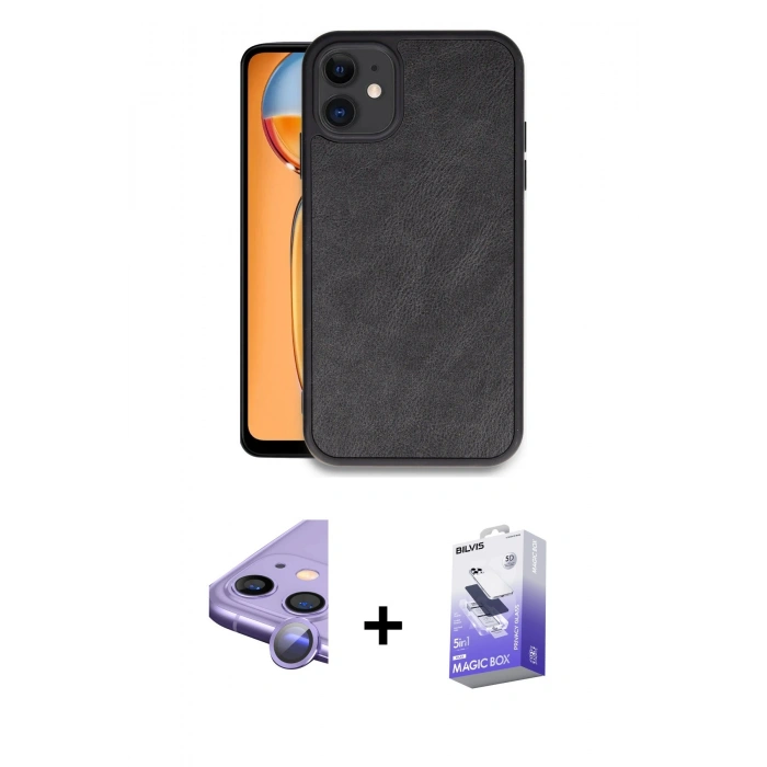 MARSİLYAN™- iPhone 11 Kılıf Kıvılcım Işık Serisi - Siyah Bilvis 5in1 5D Magic Hayalet Cam Ekran Koruyucu + Raze Metal Kamera Lens - MR