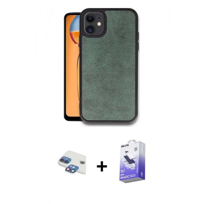 MARSİLYAN™- iPhone 11 Kılıf Kıvılcım Işık Serisi - Siyah Bilvis 5in1 5D Magic Hayalet Cam Ekran Koruyucu + Pers Alüminyum Kamera Lens - GI
