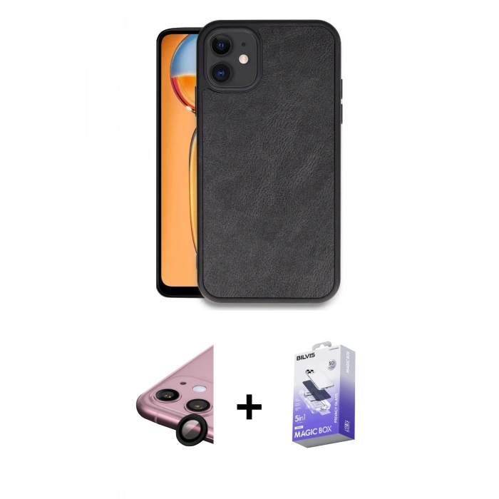 MARSİLYAN™- iPhone 11 Kılıf Kıvılcım Işık Serisi - Siyah Bilvis 5in1 5D Magic Hayalet Cam Ekran Koruyucu + Raze Metal Kamera Lens - SH