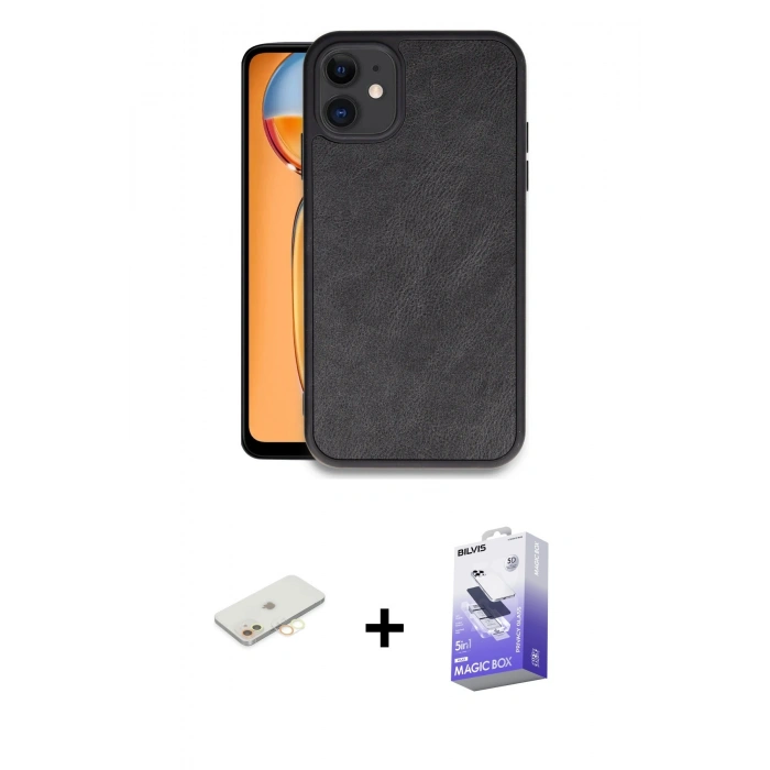 MARSİLYAN™- iPhone 11 Kılıf Kıvılcım Işık Serisi - Siyah Bilvis 5in1 5D Magic Hayalet Cam Ekran Koruyucu + Renkli Kamera Lens Koruma Cam - SI