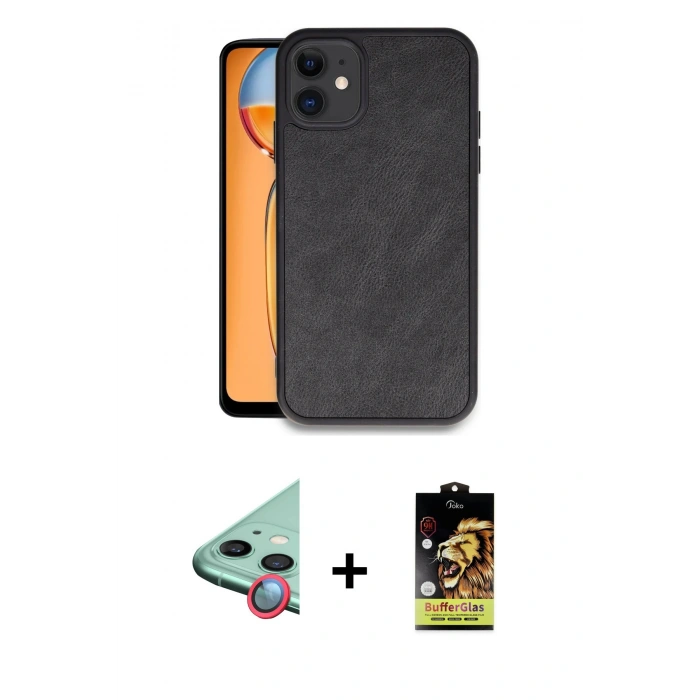 MARSİLYAN™- iPhone 11 Kılıf Kıvılcım Işık Serisi - Siyah Buffer Cam Ekran Koruyucu + Raze Metal Kamera Lens - KI