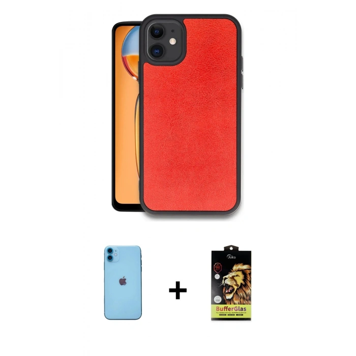 MARSİLYAN™- iPhone 11 Kılıf Kıvılcım Işık Serisi - Siyah Buffer Cam Ekran Koruyucu + Mavi Neon Fosforlu Kamera Lens