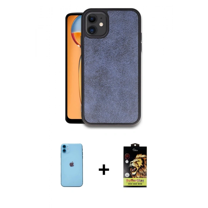 MARSİLYAN™- iPhone 11 Kılıf Kıvılcım Işık Serisi - Siyah Buffer Cam Ekran Koruyucu + Mavi Neon Fosforlu Kamera Lens