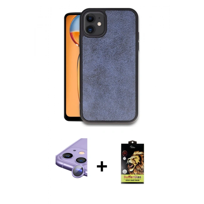 MARSİLYAN™- iPhone 11 Kılıf Kıvılcım Işık Serisi - Siyah Buffer Cam Ekran Koruyucu + Mor Raze Metal Kamera Lens