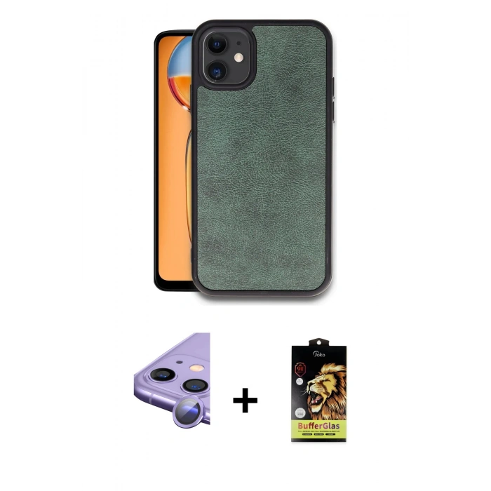 MARSİLYAN™- iPhone 11 Kılıf Kıvılcım Işık Serisi - Siyah Buffer Cam Ekran Koruyucu + Mor Raze Metal Kamera Lens