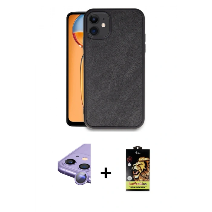 MARSİLYAN™- iPhone 11 Kılıf Kıvılcım Işık Serisi - Siyah Buffer Cam Ekran Koruyucu + Mor Raze Metal Kamera Lens