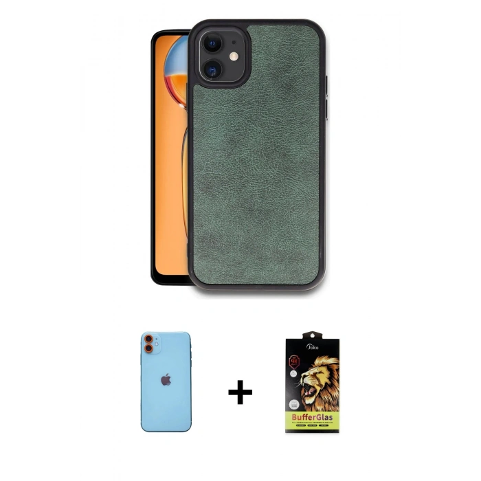 MARSİLYAN™- iPhone 11 Kılıf Kıvılcım Işık Serisi - Siyah Buffer Cam Ekran Koruyucu + Neon Fosforlu Kamera Lens - TU