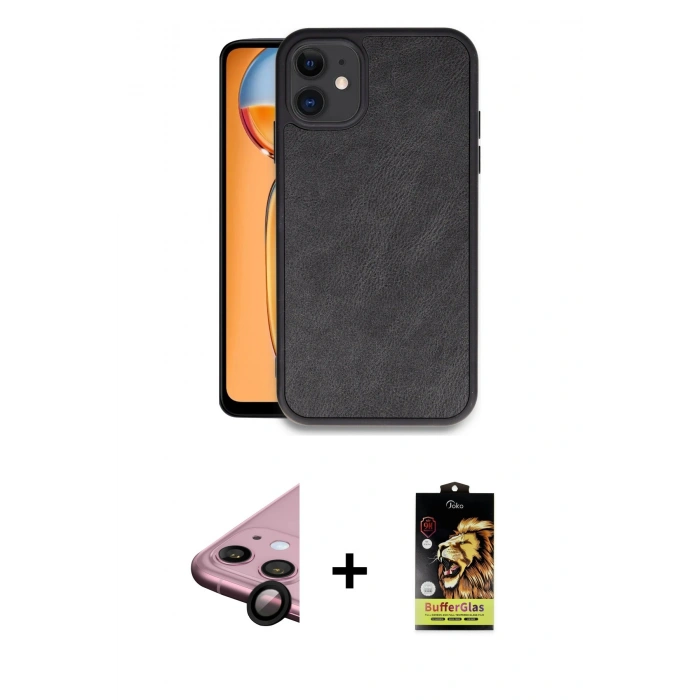 MARSİLYAN™- iPhone 11 Kılıf Kıvılcım Işık Serisi - Siyah Buffer Cam Ekran Koruyucu + Raze Metal Kamera Lens - SH
