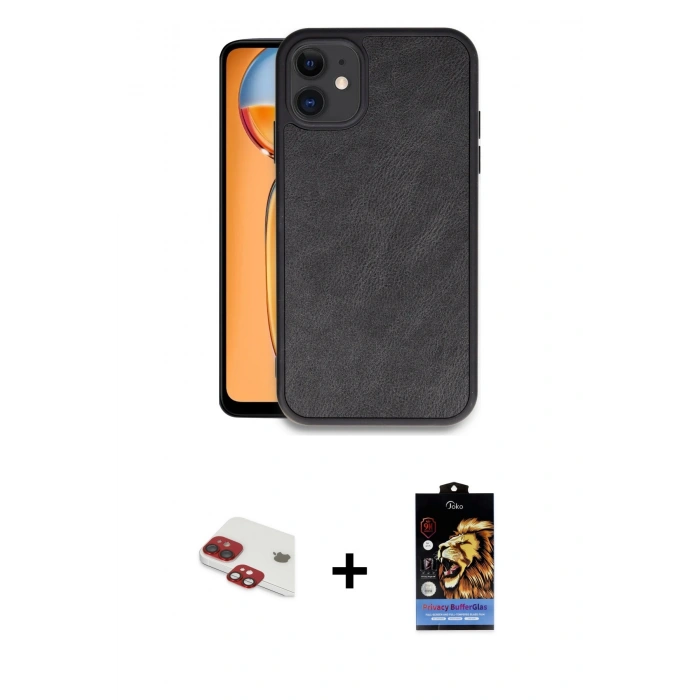 MARSİLYAN™- iPhone 11 Kılıf Kıvılcım Işık Serisi - Siyah Buffer Hayalet Cam Ekran Koruyucu + Kırmızı Pers Alüminyum Kamera Lens