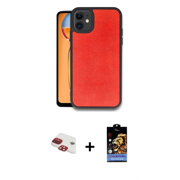 MARSİLYAN™- iPhone 11 Kılıf Kıvılcım Işık Serisi - Siyah Buffer Hayalet Cam Ekran Koruyucu + Kırmızı Pers Alüminyum Kamera Lens