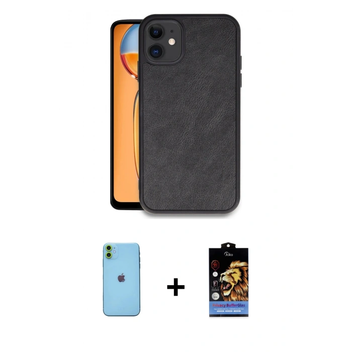MARSİLYAN™- iPhone 11 Kılıf Kıvılcım Işık Serisi - Siyah Buffer Hayalet Cam Ekran Koruyucu + Neon Fosforlu Kamera Lens - YL