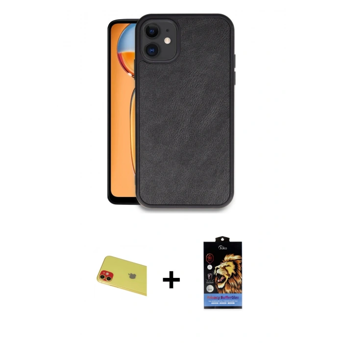 MARSİLYAN™- iPhone 11 Kılıf Kıvılcım Işık Serisi - Siyah Buffer Hayalet Cam Ekran Koruyucu + Rainbow Kamera Lens Koruma Cam - KI