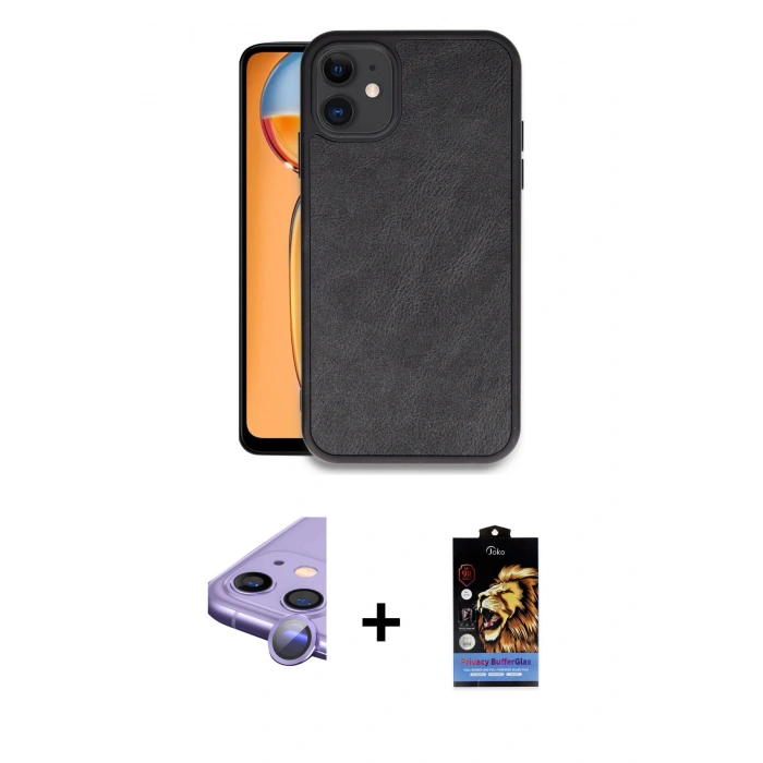 MARSİLYAN™- iPhone 11 Kılıf Kıvılcım Işık Serisi - Siyah Buffer Hayalet Cam Ekran Koruyucu + Raze Metal Kamera Lens - MR