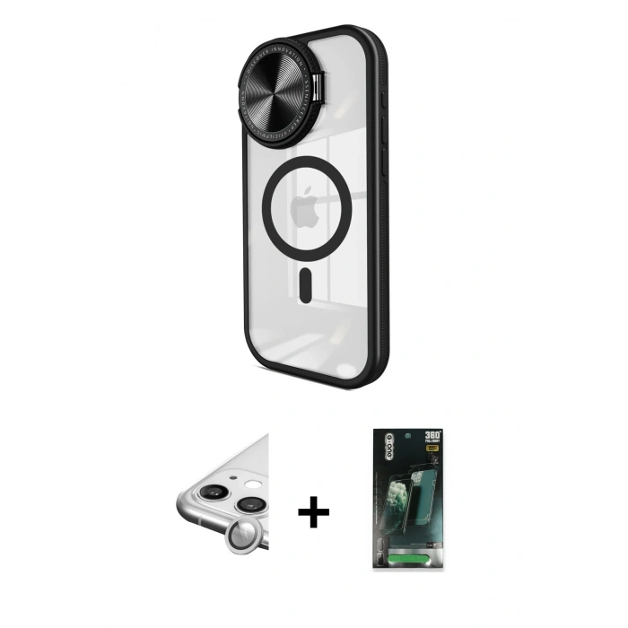 MARSİLYAN™- iPhone 11 Kılıf Kıvılcım Modern Koleksiyonu - Şeffaf 360 Full Body Arka Koruyucu + Raze Metal Kamera Lens - GS