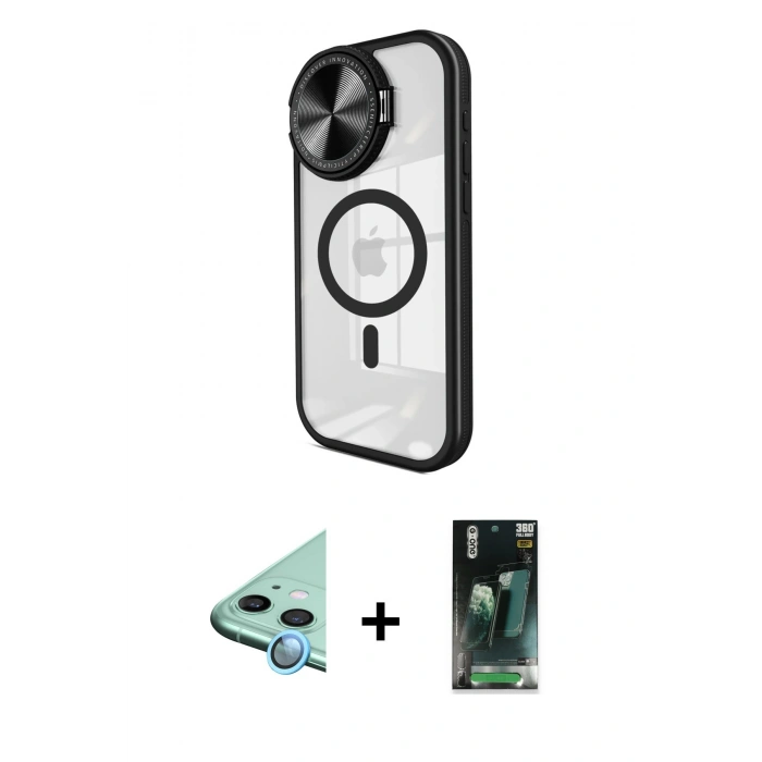 MARSİLYAN™- iPhone 11 Kılıf Kıvılcım Modern Koleksiyonu - Şeffaf 360 Full Body Arka Koruyucu + Raze Metal Kamera Lens - MI