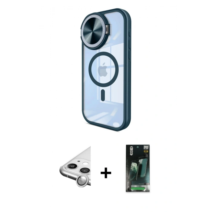 MARSİLYAN™- iPhone 11 Kılıf Kıvılcım Modern Koleksiyonu - Şeffaf 360 Full Body Arka Koruyucu + Raze Metal Kamera Lens - GS
