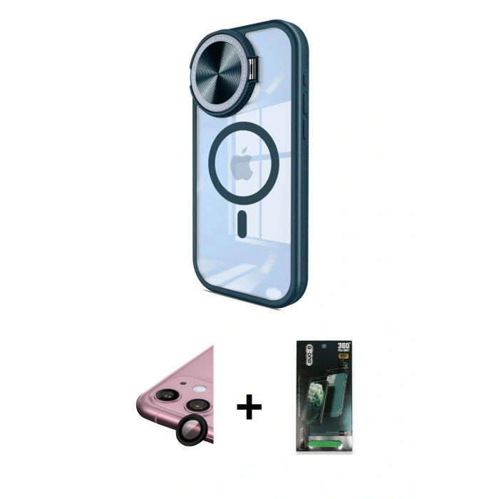 MARSİLYAN™- iPhone 11 Kılıf Kıvılcım Modern Koleksiyonu - Şeffaf 360 Full Body Arka Koruyucu + Raze Metal Kamera Lens - SH