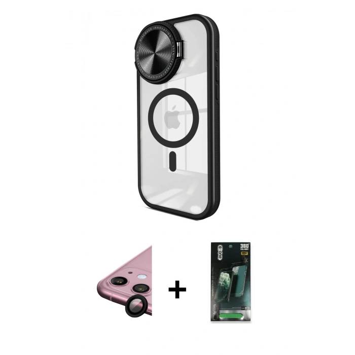 MARSİLYAN™- iPhone 11 Kılıf Kıvılcım Modern Koleksiyonu - Şeffaf 360 Full Body Arka Koruyucu + Raze Metal Kamera Lens - SH