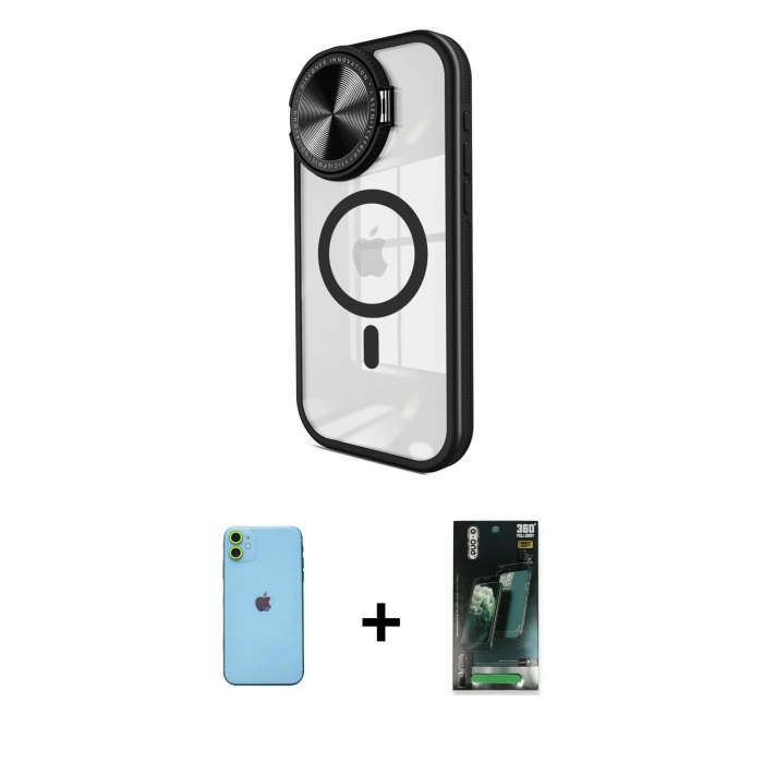 MARSİLYAN™- iPhone 11 Kılıf Kıvılcım Modern Koleksiyonu - Şeffaf 360 Full Body Arka Koruyucu + Neon Fosforlu Kamera Lens - YL